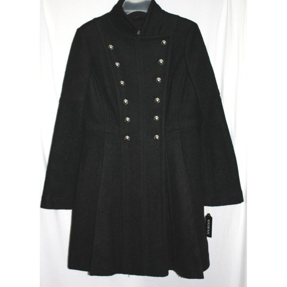 Guess Long Lapel Double Breasted Button Up Peacoat Size M Black - Picture 2 of 4